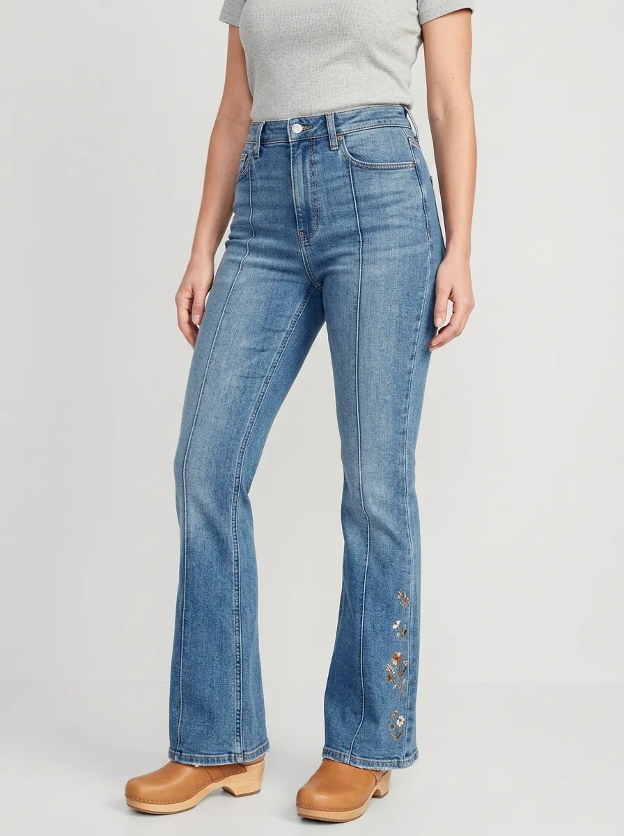 Women's Contemporary Floral Embroidery Floral Embroidered High-Rise Flare Jeans
