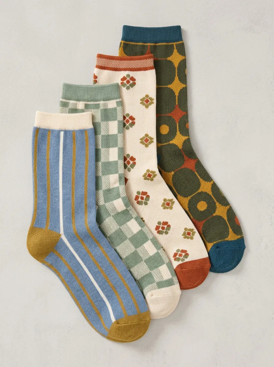 Nature Inspired Geometric Floral Retro Four-Pair Casual Socks
