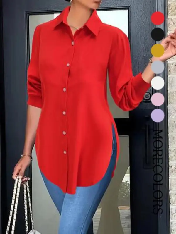 9PACK-Solid Color Irregular Side Long Sleeve Shirt