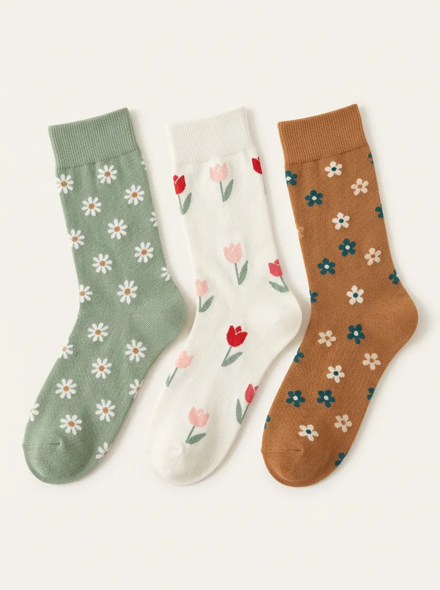Relaxed Daisy Tulip Floral Three Pair Sock Set