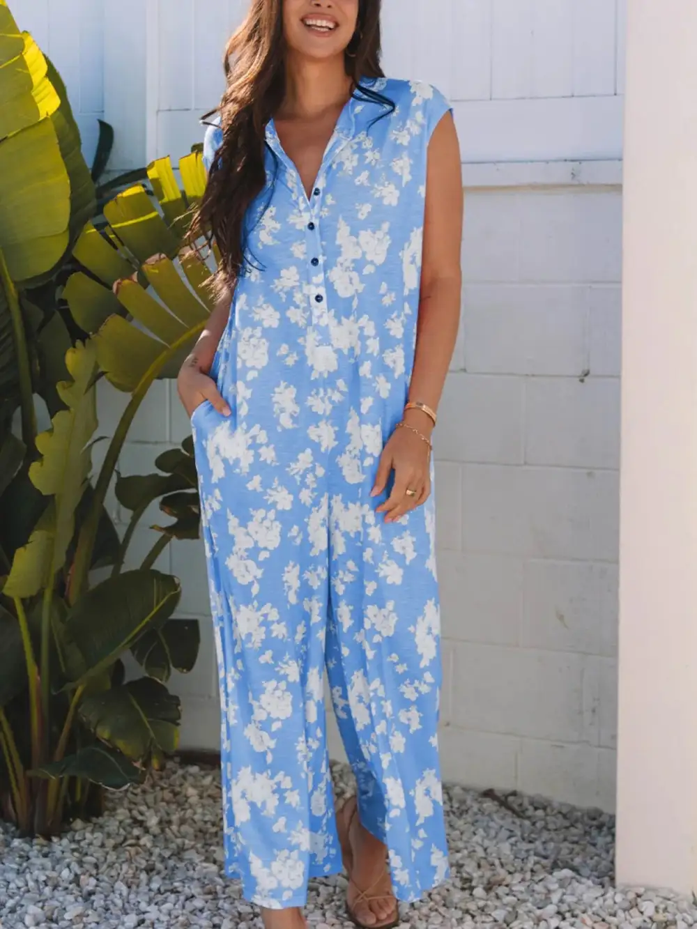 Printed Button Front Wide Leg Jumpsuit