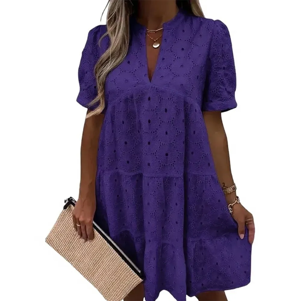Flowy Lace Dresses Short Sleeve V Neck Tunic Dress