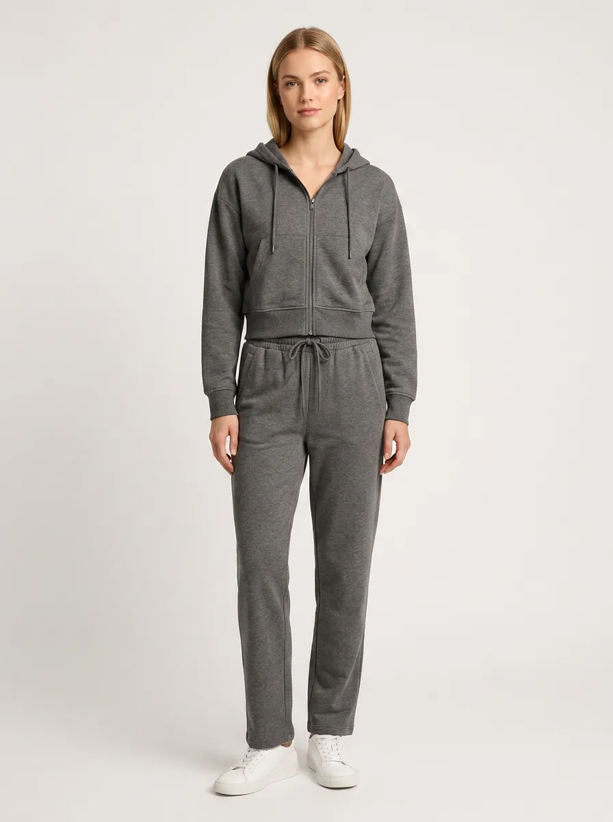 Women's Casual Solid Grey Zip-up Hoodie and Jogger Lounge Set