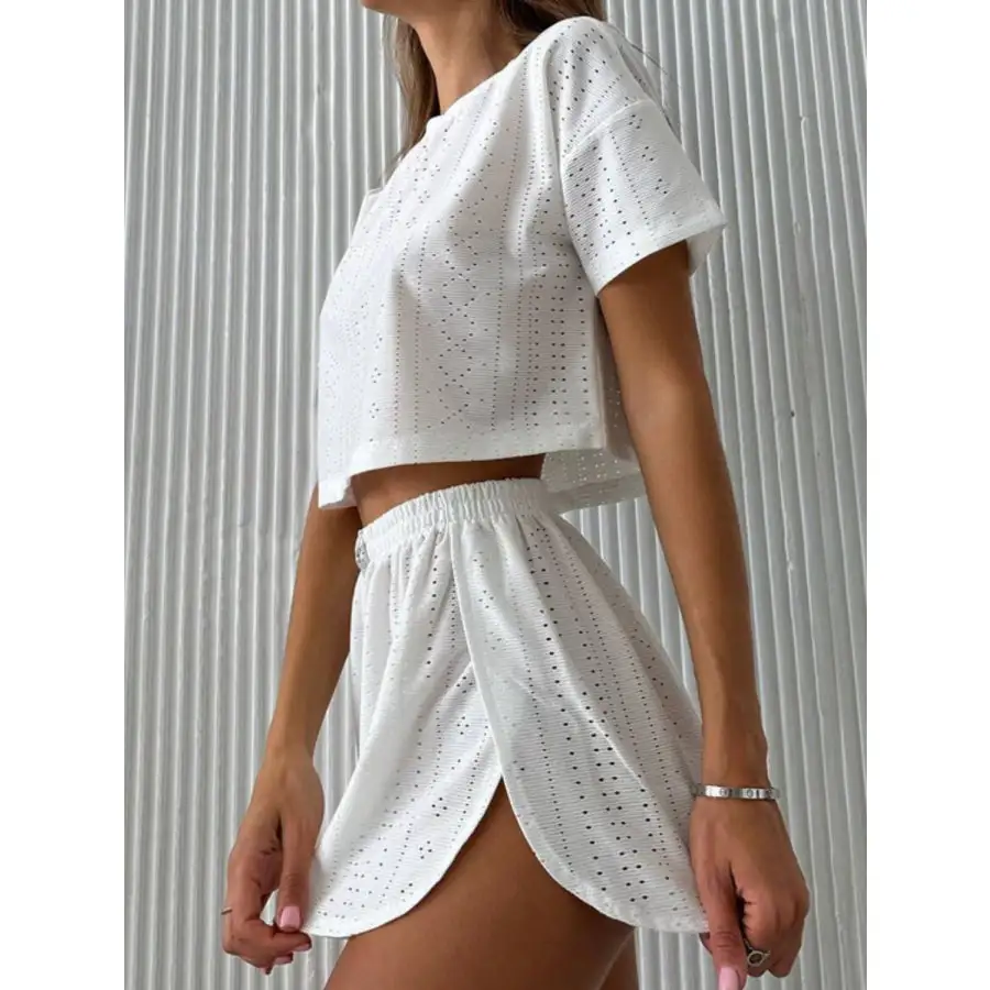 Eyelet Round Neck Top and Shorts Set