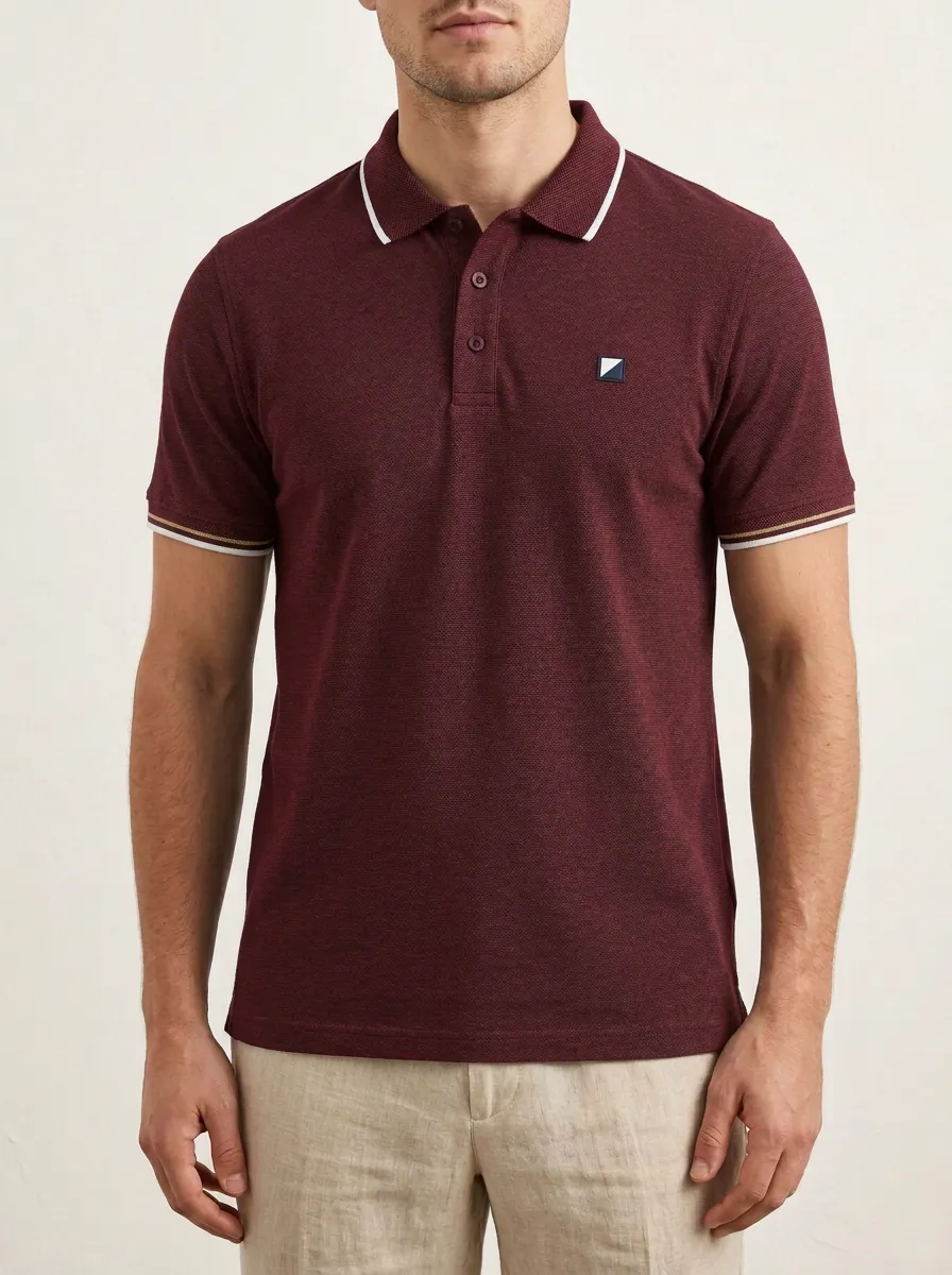 Men's Knit Ribbed Textured Tipped-Collar Geometric-Emblem Graphic Polo Shirt