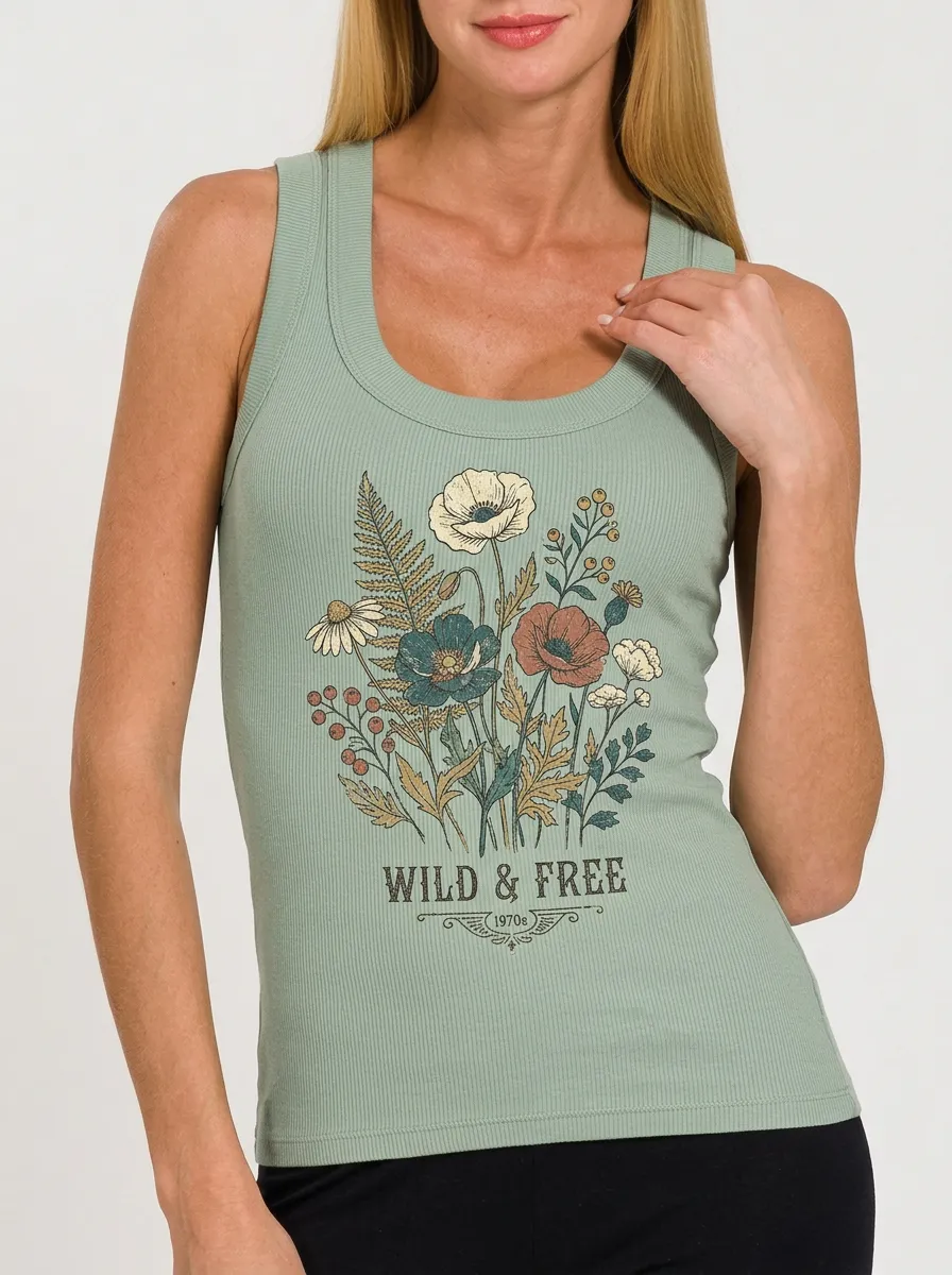 Women's Wild & Free 1970s Floral Bouquet Printed Tank Top