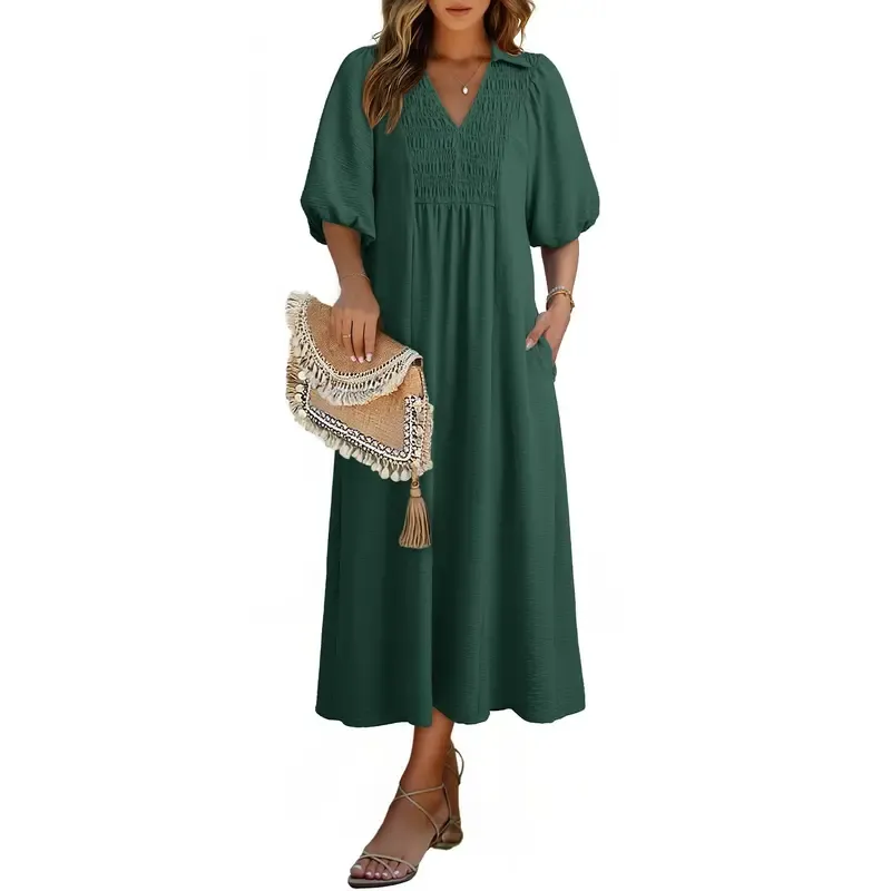 Casual V-neck puff-sleeve high-waist A-line long summer dress