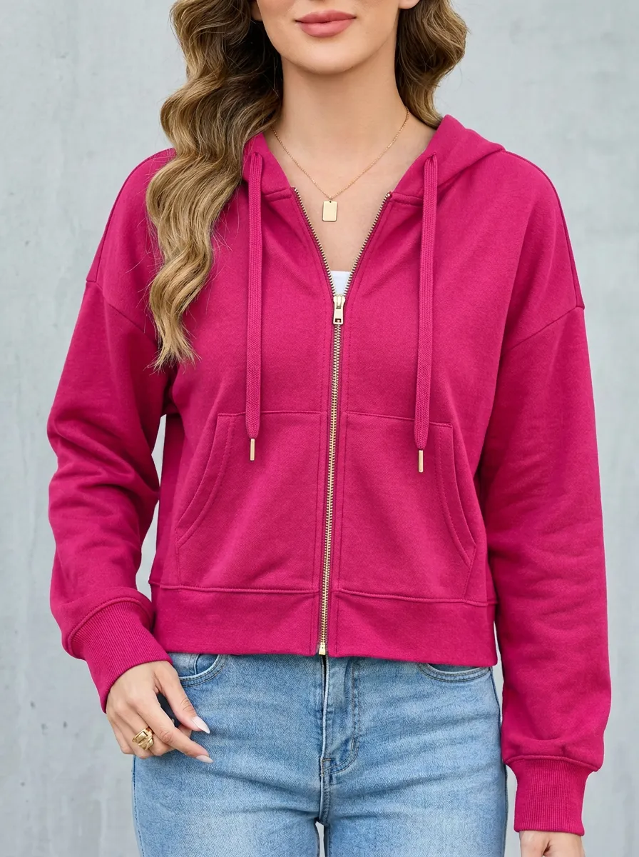Drawstring Women's Zip-Up Hooded Jacket