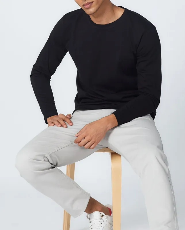 Black Long Sleeve Cotton Crew Neck T-Shirt