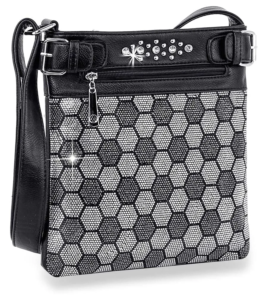 Fashion Forward Detail Crystal Accent Pocketed Faux Leather Crossbody Sling Bag