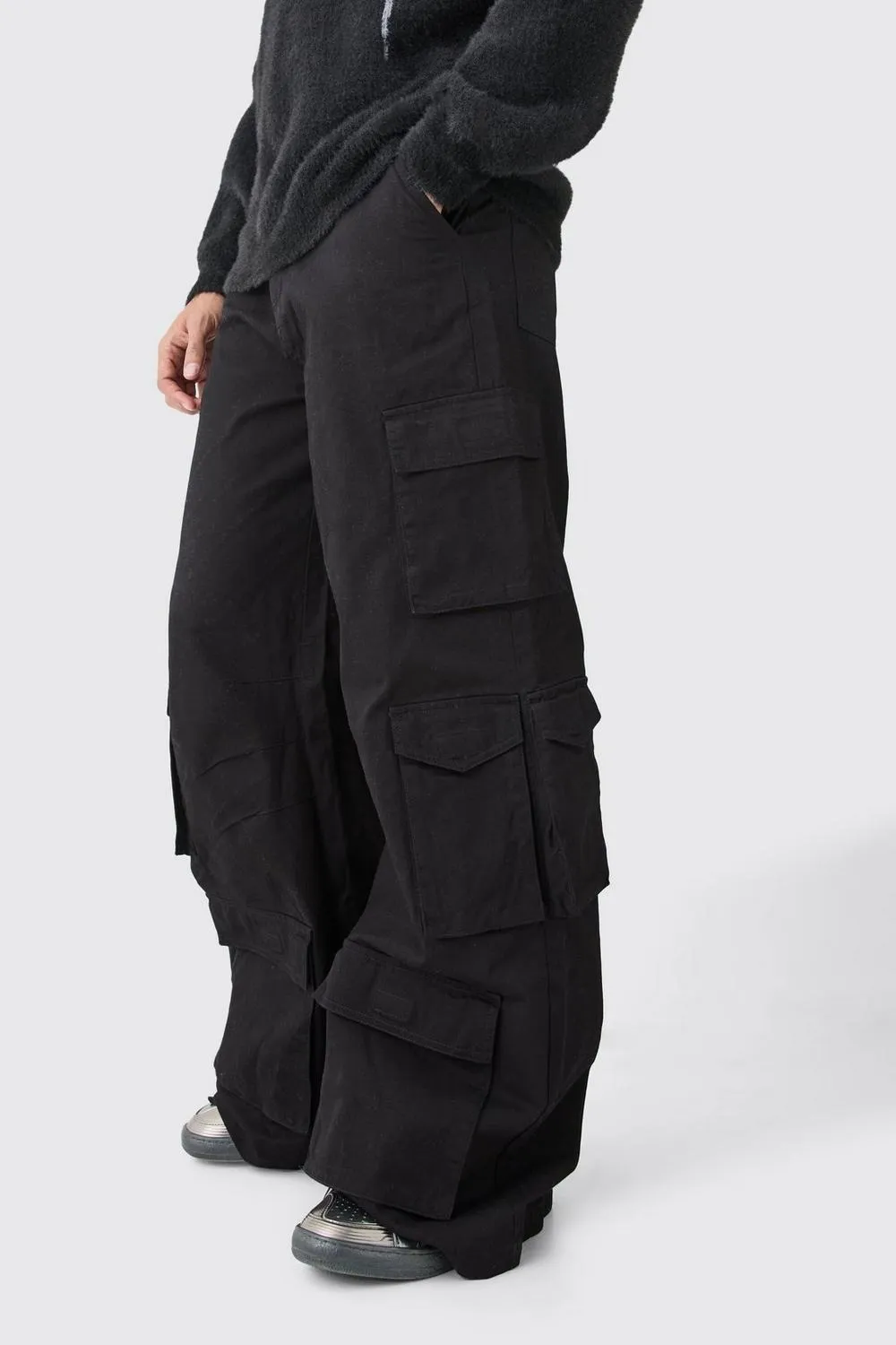 Black Extreme Baggy Rigid Multi Cargo Pocket Pants Daily