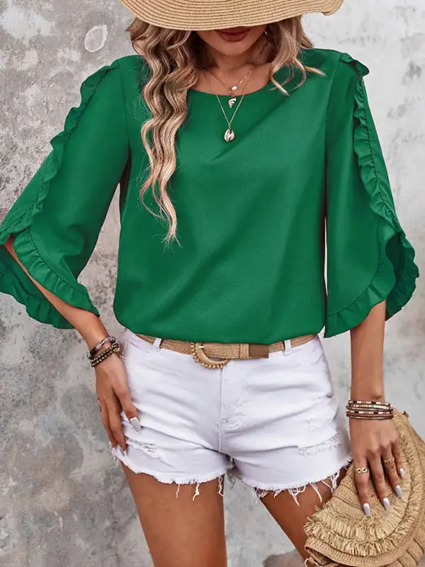Relaxed Three Quarter Sleeves Ruffle Trim Round Neck T-Shirt