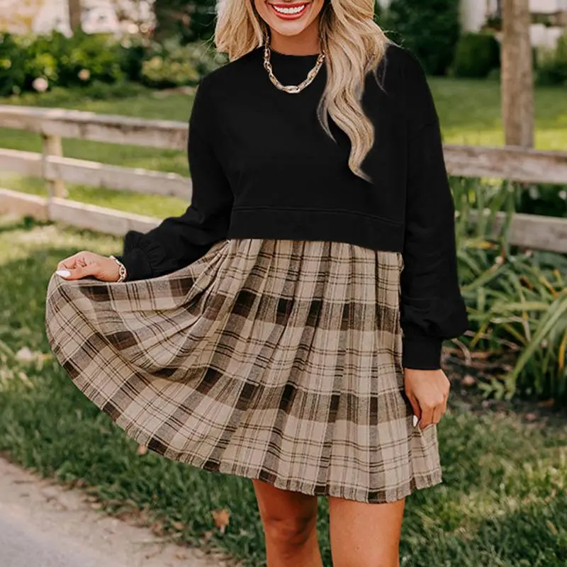 Beige Plaid Patchwork High Waist Sweatshirt Mini Dress