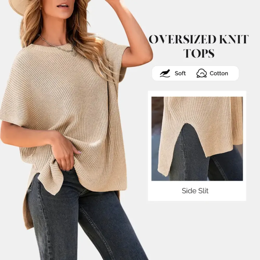 2025 Fall Clothing Women's Oversized Knit Top, Casual Crew Neck Drop Shoulder Loose Fit Short Sleeve Pullover Sweater with Side Slit