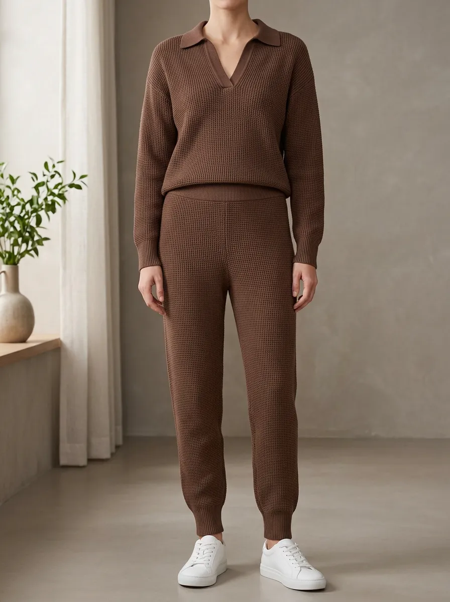 Collared Waffle Matching Knit Top with Matching Bottom