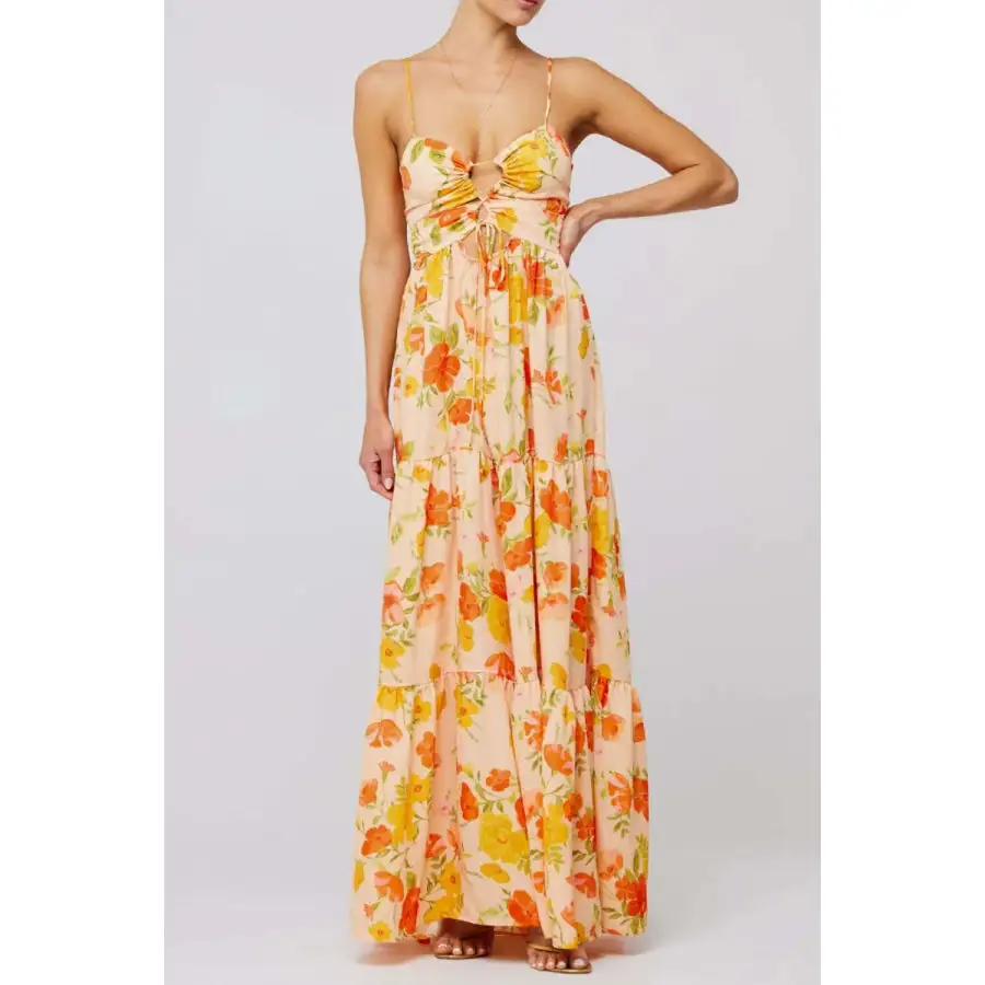 Floral Print Tie Front Tiered Maxi Dress
