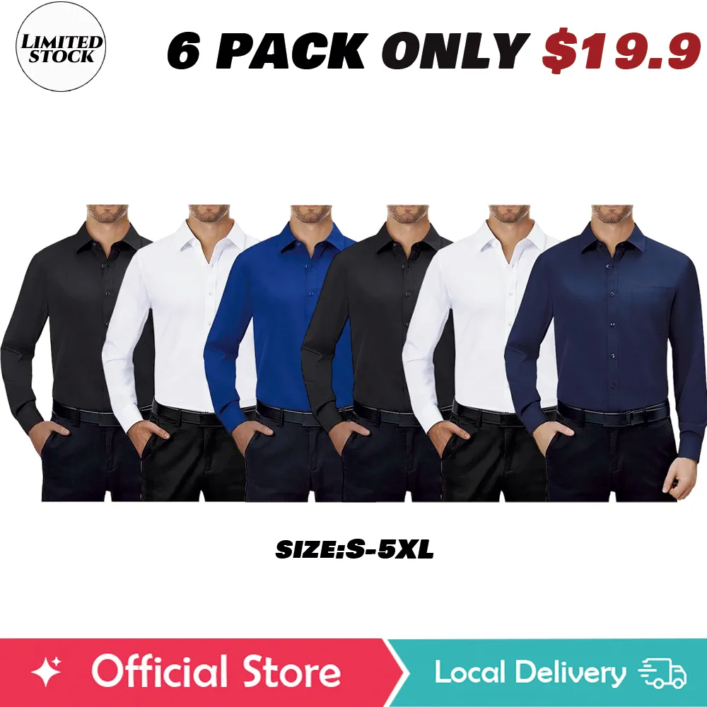 3/6-Pack Men'S Dress Shirts 4-Way Stretch Long Sleeve Collared Solid Wedding Dating Button Down Shirts Casual Breathable Outfits Menswear