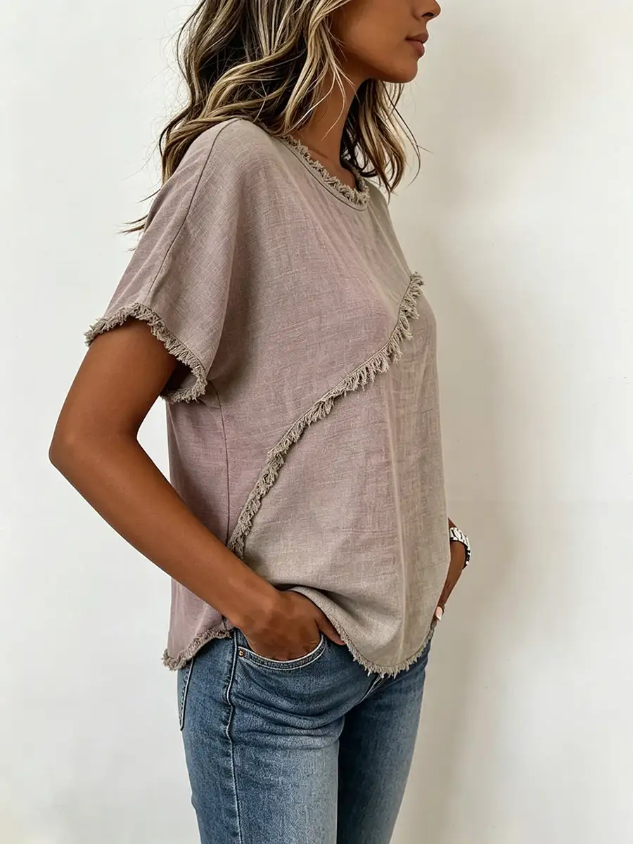 Relaxed Short Sleeve Fringed Panel Detail Round Neck T-Shirt