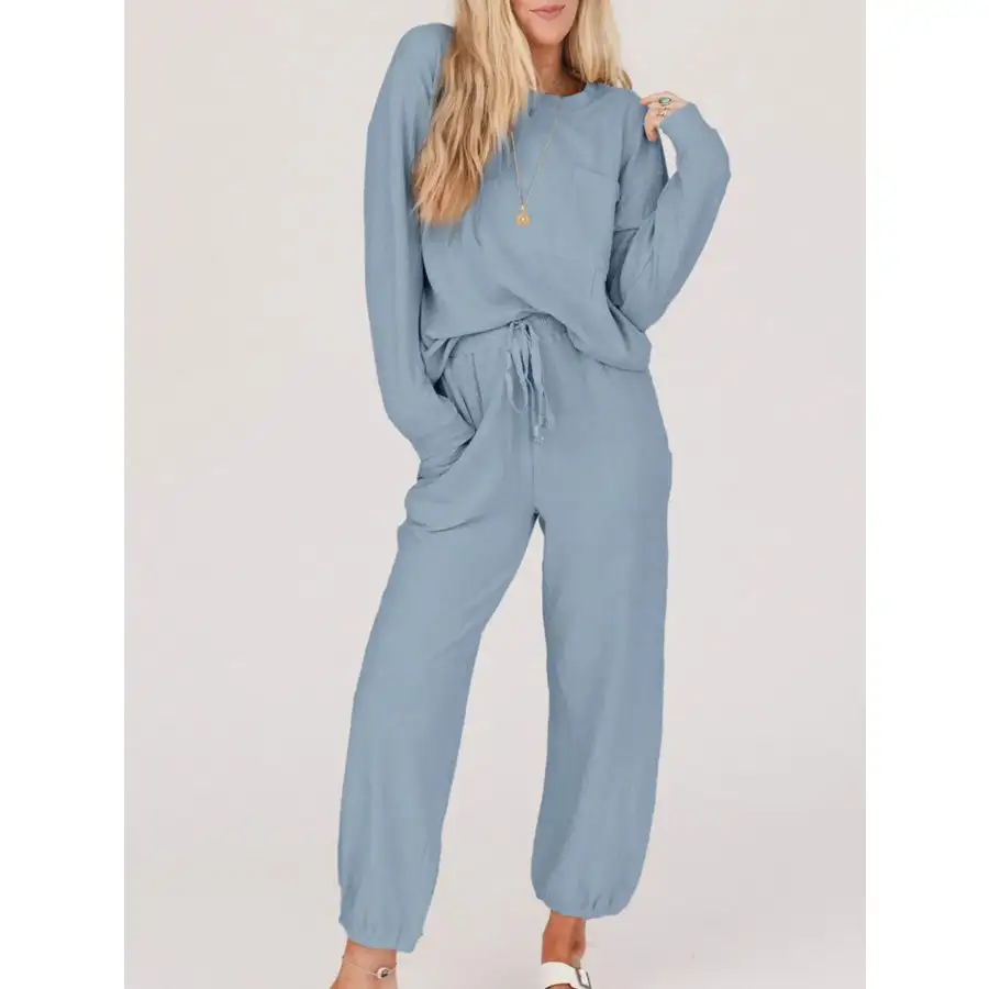 Ribbed Round Neck Sweatshirt and Drawstring Pants Set