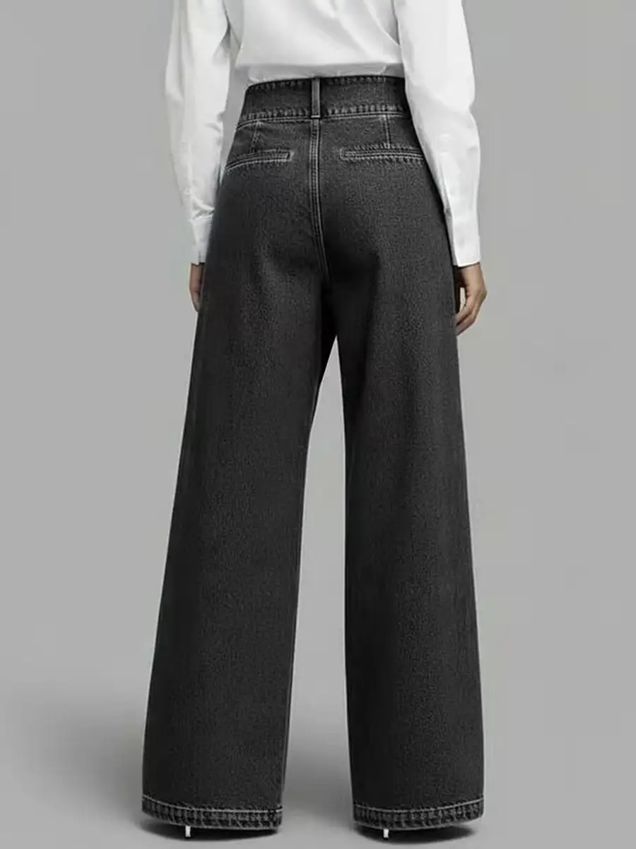 Minimal High Waist Relaxed Fit Wide Leg Asymmetric Seamed Lace-Up Detail Button Detail Pocket Jeans