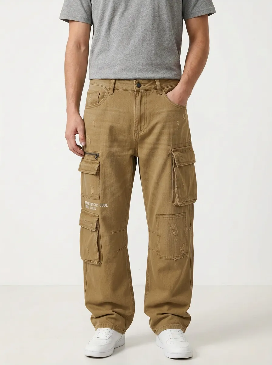 Men's Distressed Denim Utility Code Printed Cargo Pants