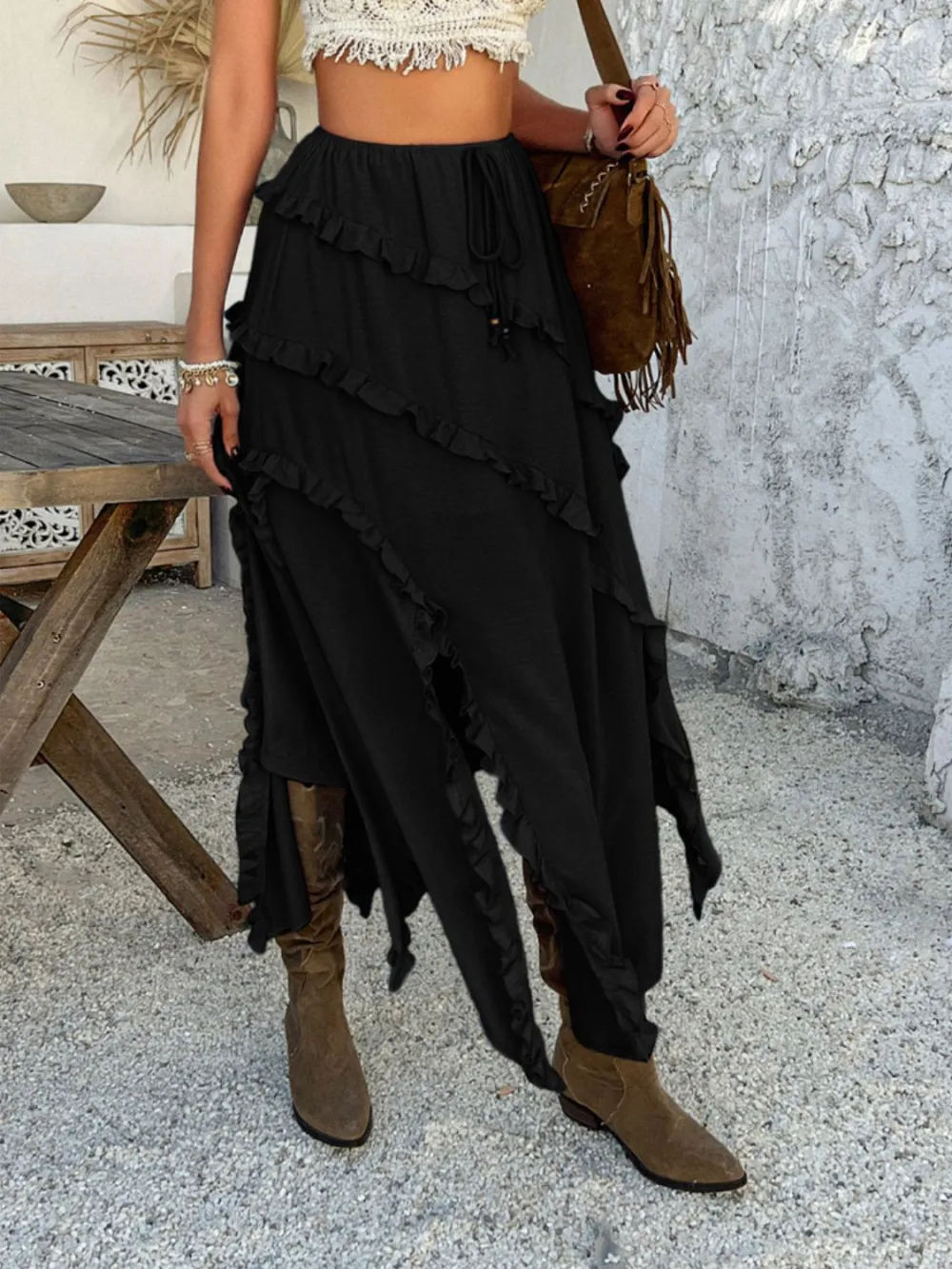 Ruffle Trim Drawstring Skirt