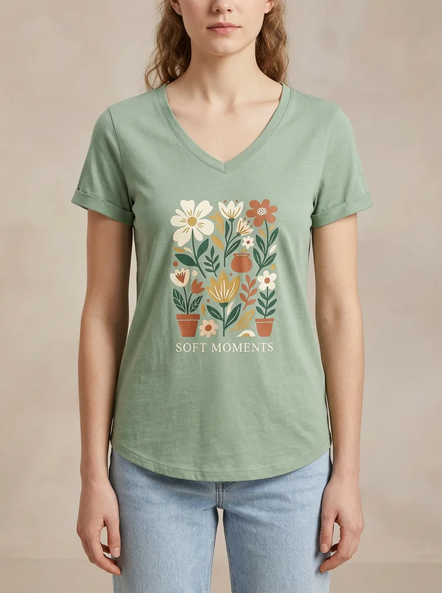 Women's Botanical Soft Moments Floral Potted Plant Print V-Neck T-Shirt