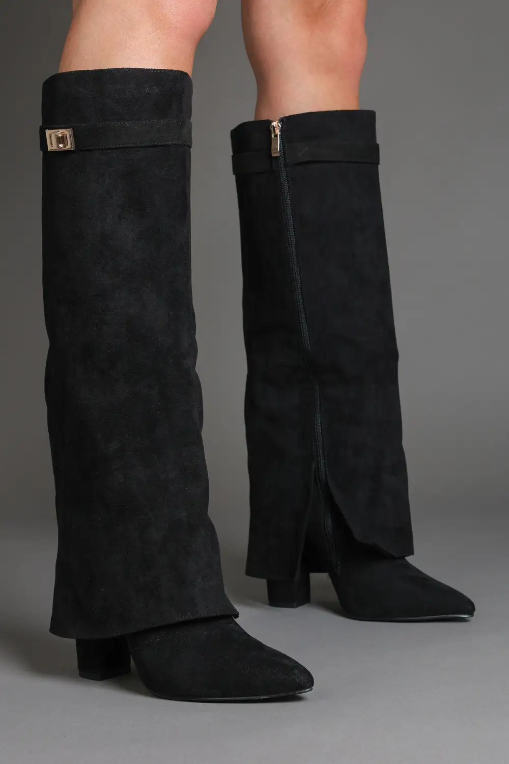 Classic Western Slouch Fold-Over Buckle Detail Knee High Boots