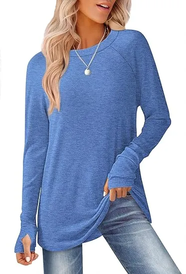 Womens Tunic Tops to Wear with Leggings Long Sleeve Thumb Hole Shirts Crew Neck Curved Hem