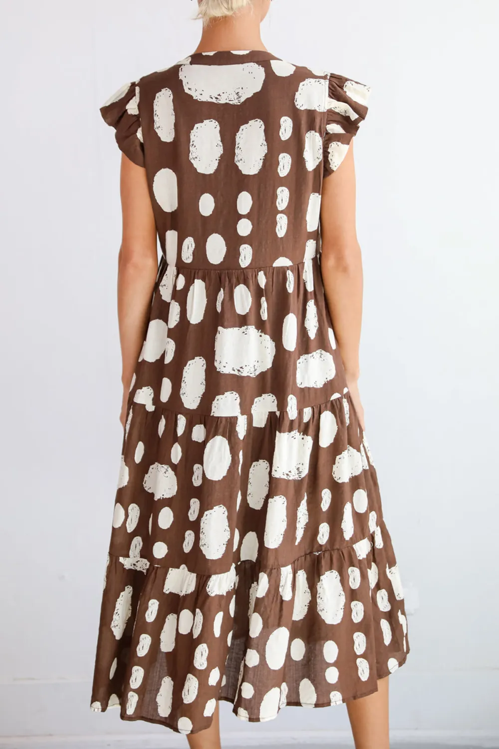 Brown Dotted Tiered Midi Dress