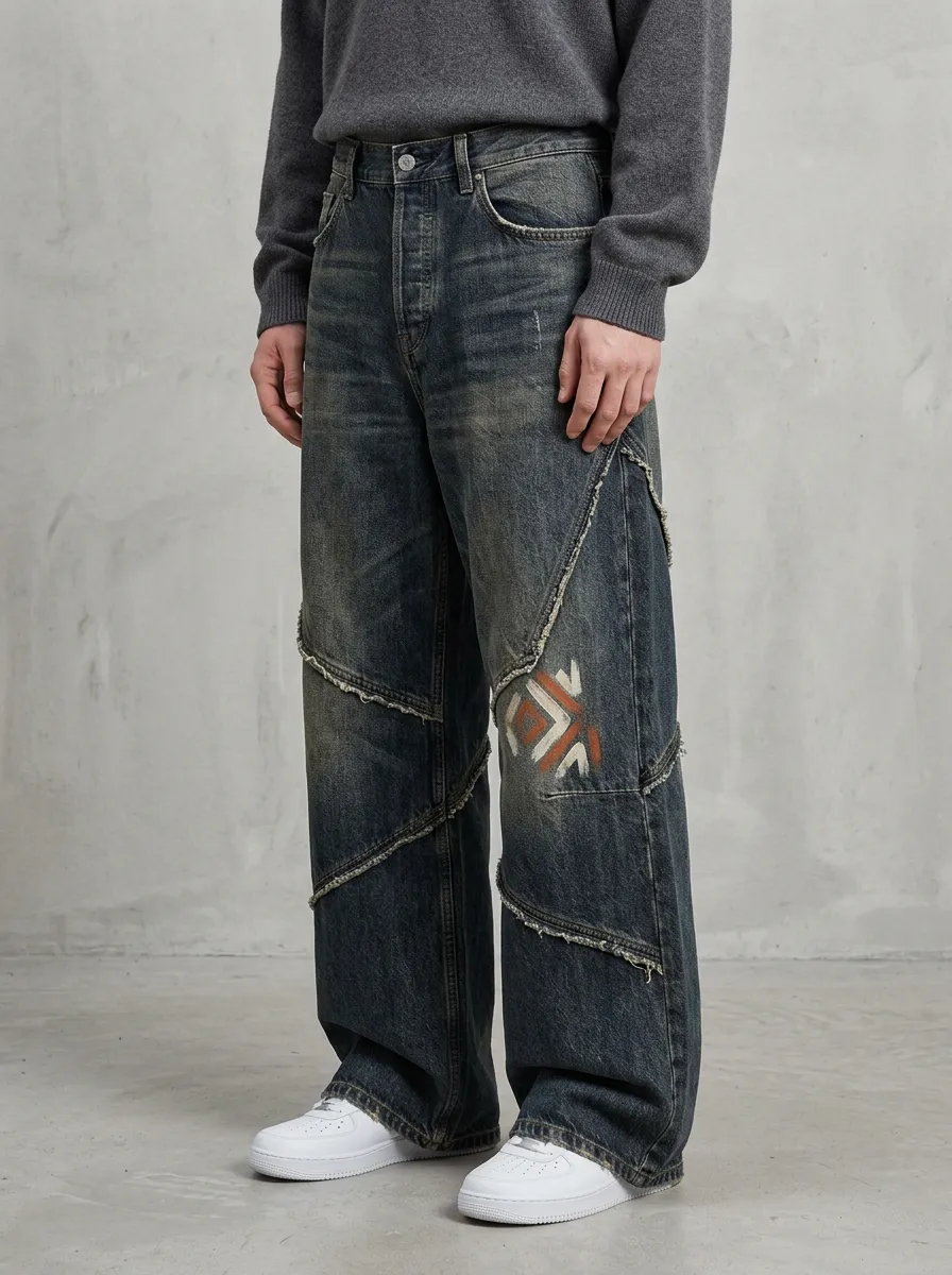 Wide Leg Geometric Graphic Vintage-Inspired Men's Loose Fit Jeans