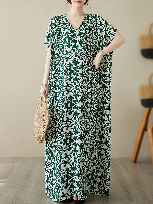 Sleeves Floral Printed Neck Maxi Dress