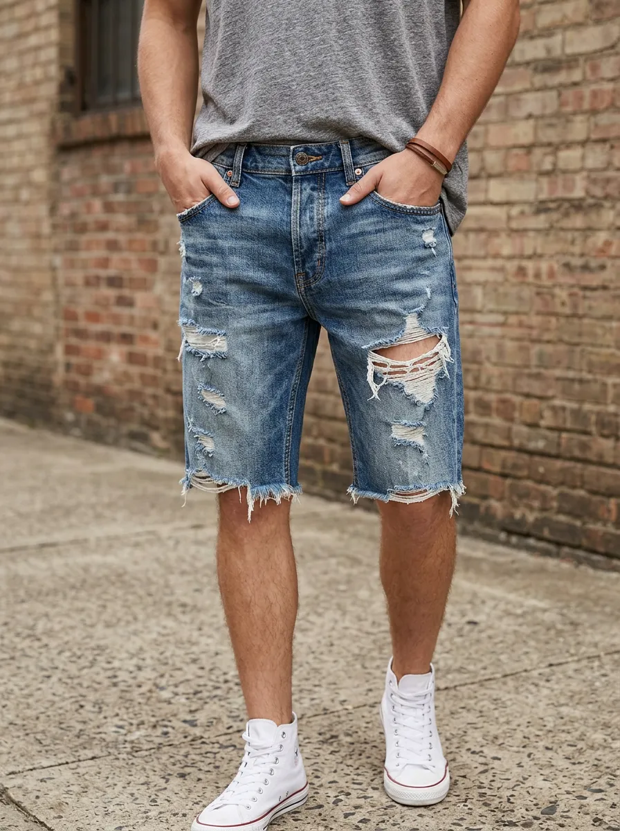 Men's Distressed Ripped Denim Printed Shorts