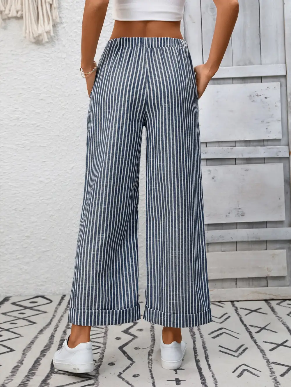 Wide Leg Striped Drawstring Pocketed Pants