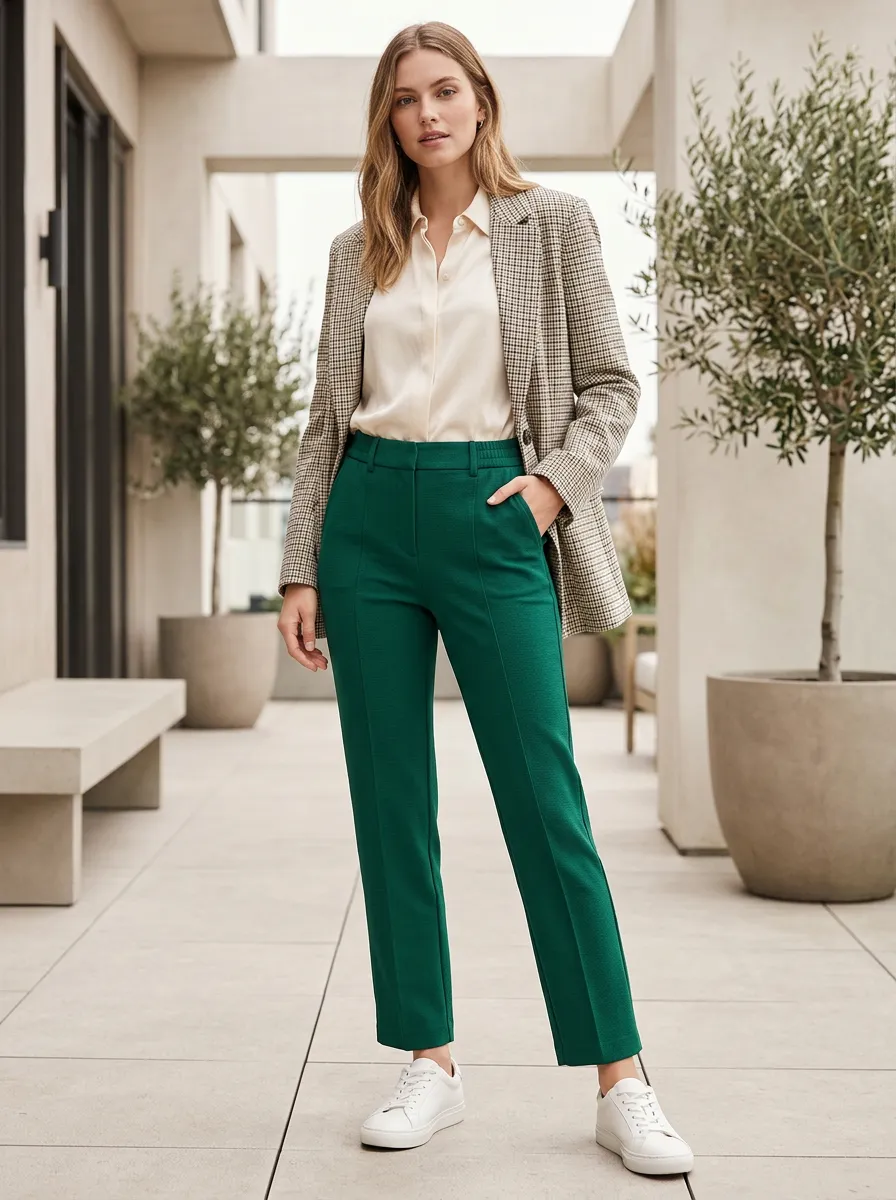 Women's Casual Office Style Solid Green Tailored Trousers