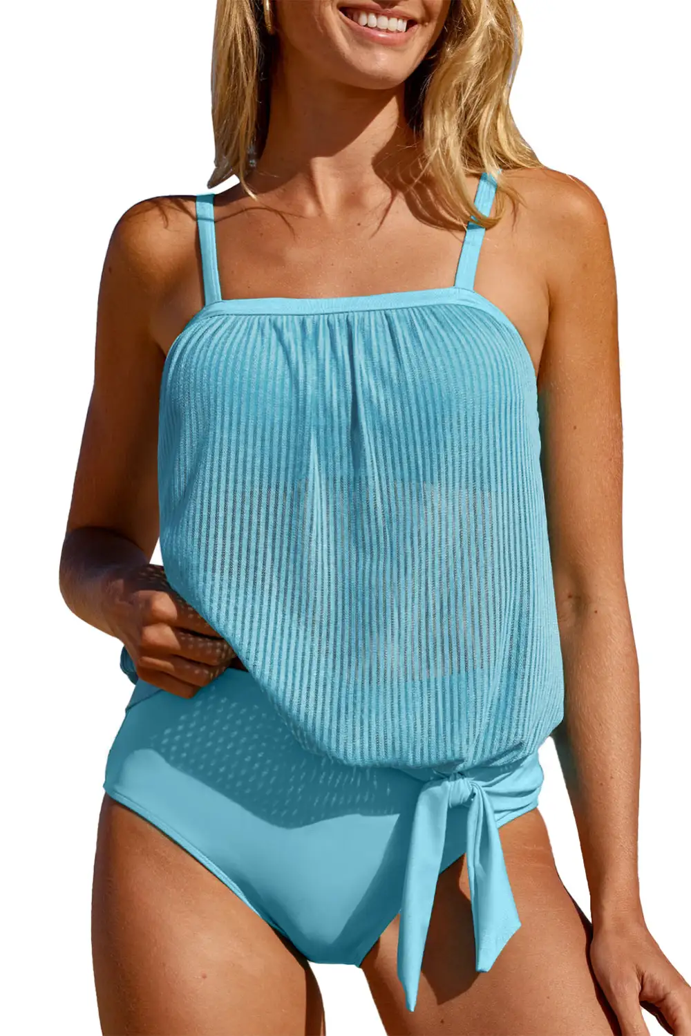Striped Mesh Knotted Hem Tankini Swim Set