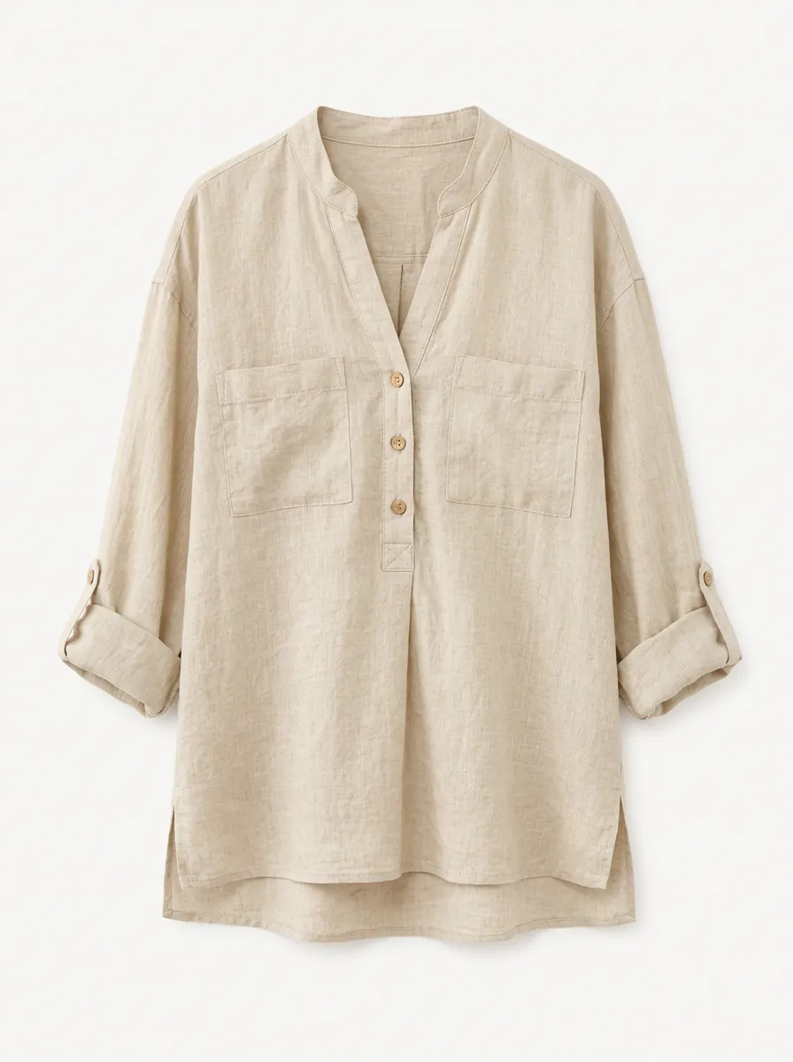 Women's Casual V-Neck Beige Linen Blend Button-Down Shirt