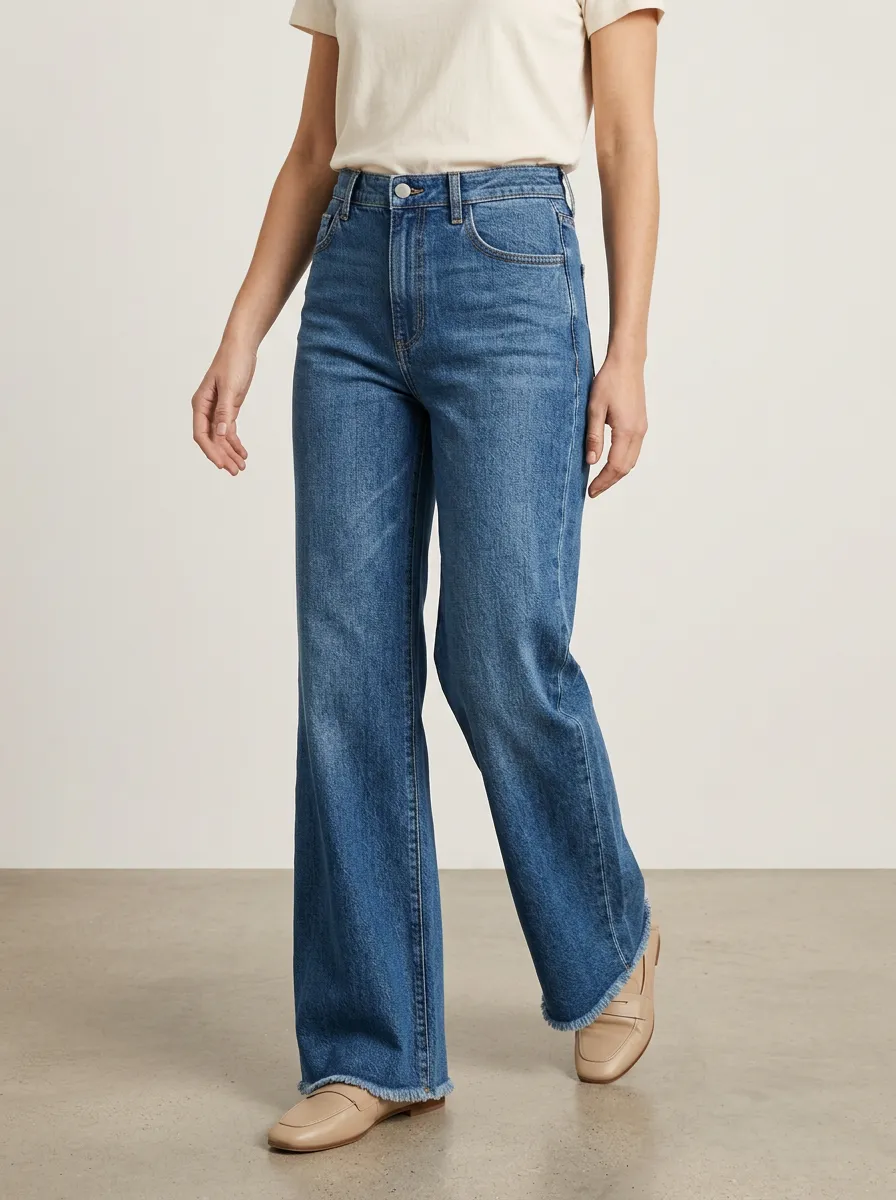 Daily High-Rise Wide-Leg Frayed-Hem Denim Jeans