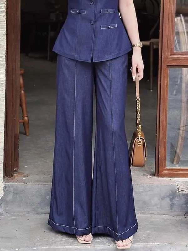Minimal High Waist Relaxed Fit Wide Leg Elastic Waist Pocket Jeans