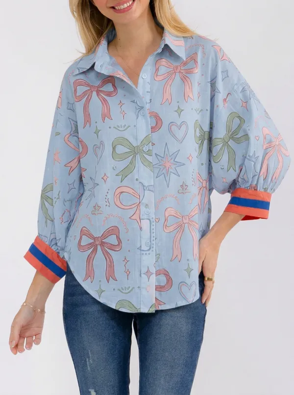 Women's Aesthetic Bow Heart Star Printed Button-up Shirt