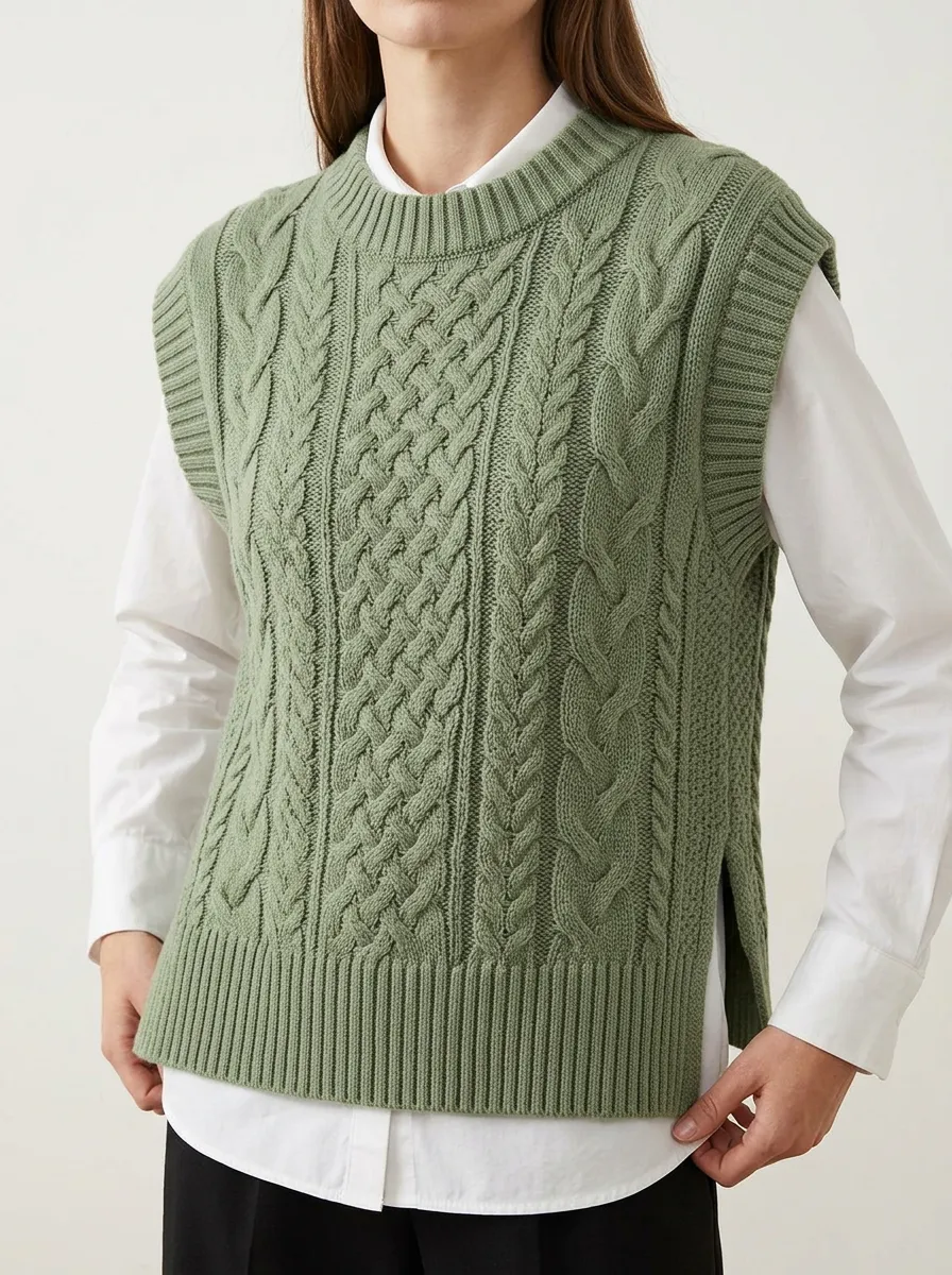 Cable Side Slit Sweater Vest