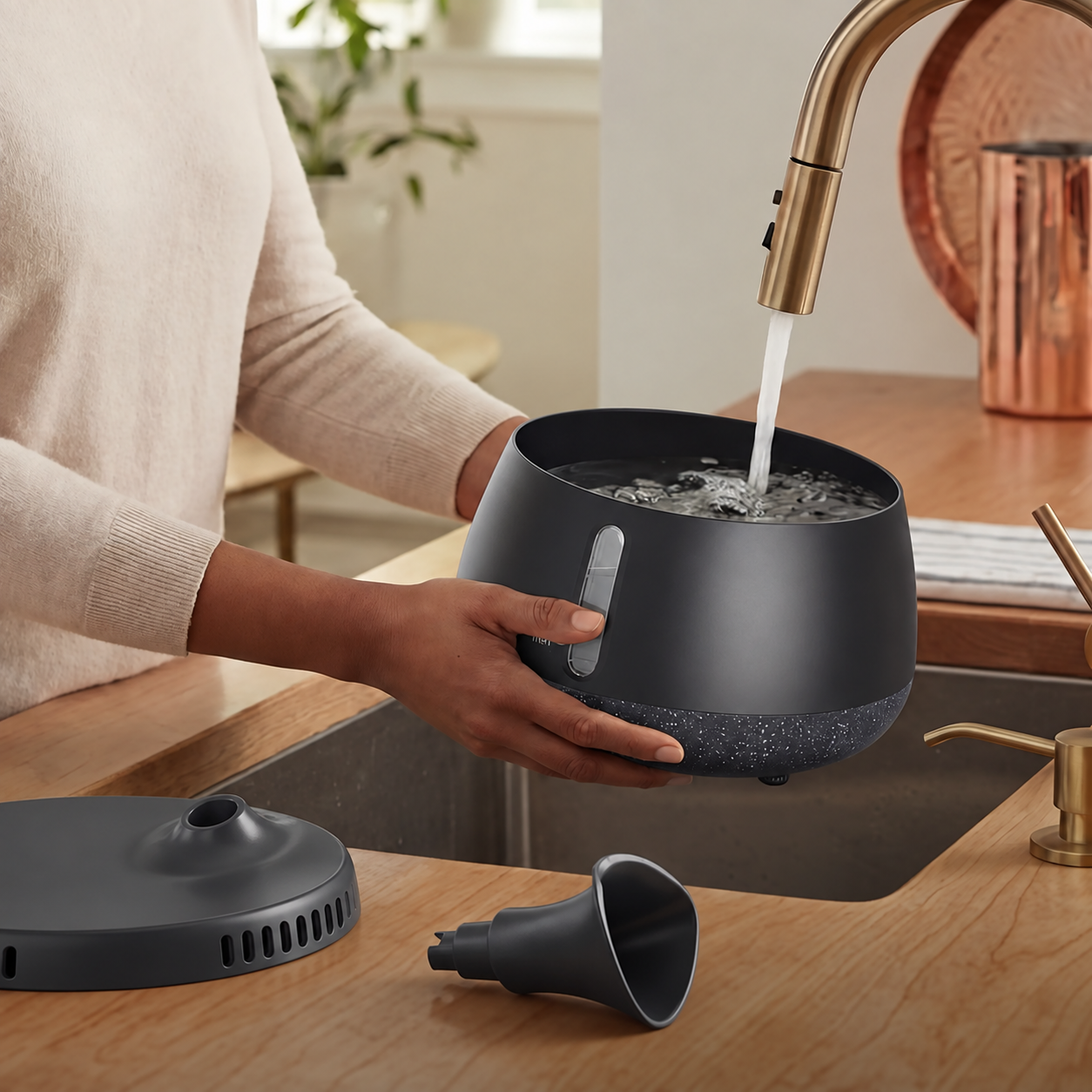 Open fountain reservoir, removable tray and spout for refilling and cleaning