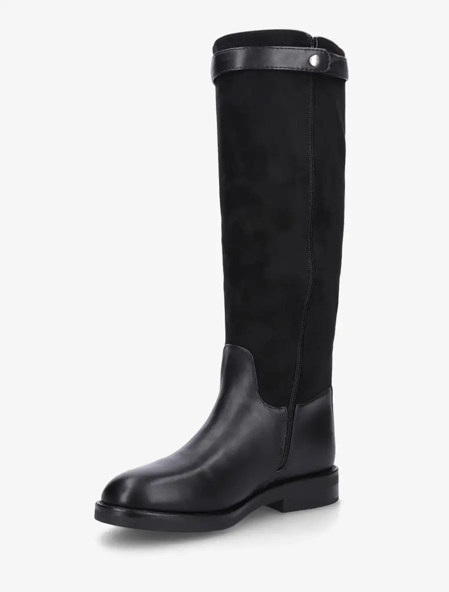 Refined Buckle Detail Block Heel Faux Suede Faux Leather Knee High Boots
