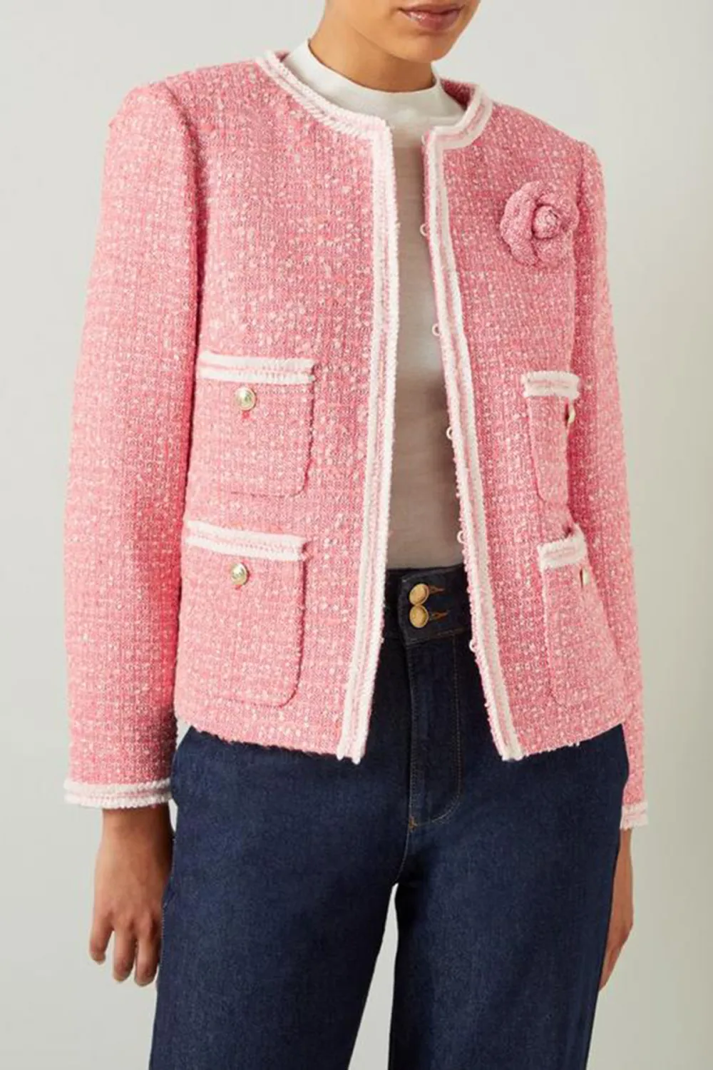 Pink Tweed Flower Detail Short Jacket