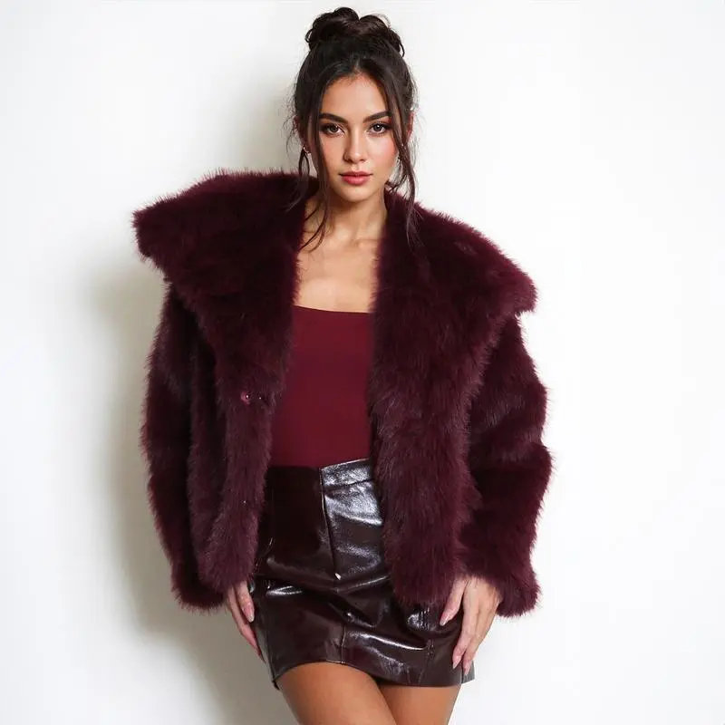 Women's Luxurious Oversize Solid Color Wide Lapel Snap Closure Fuzzy Thermal Outerwear, Fall & Winter Long Sleeve Outerwear, Faux Fur Outfit