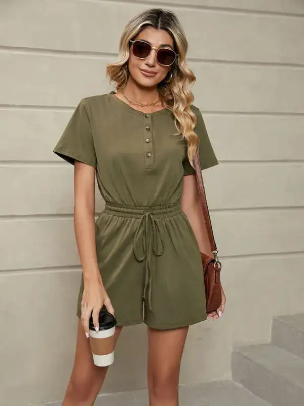 Knit Loose Short Sleeve Button Tie Shorts