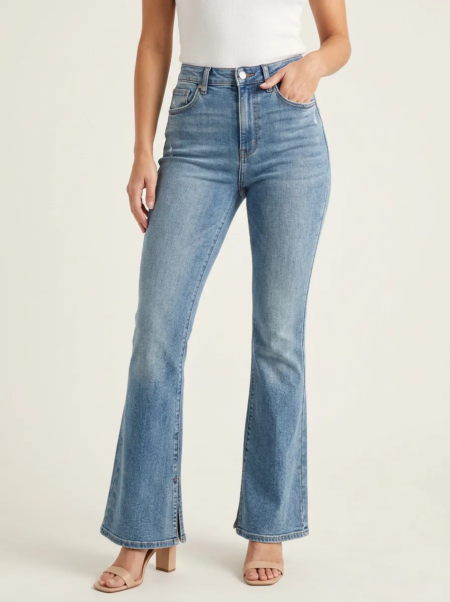 High-Waist Split-Hem Vintage-Wash Women's High-Waist Stretch Flare Jeans