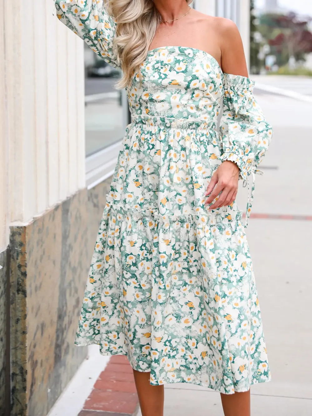 Sage Floral Off-The-Shoulder Midi Dress