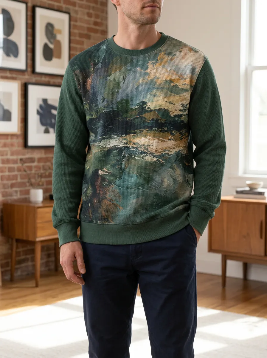 Men's Forest Green Landscape Printed Waffle Crewneck Sweatshirt