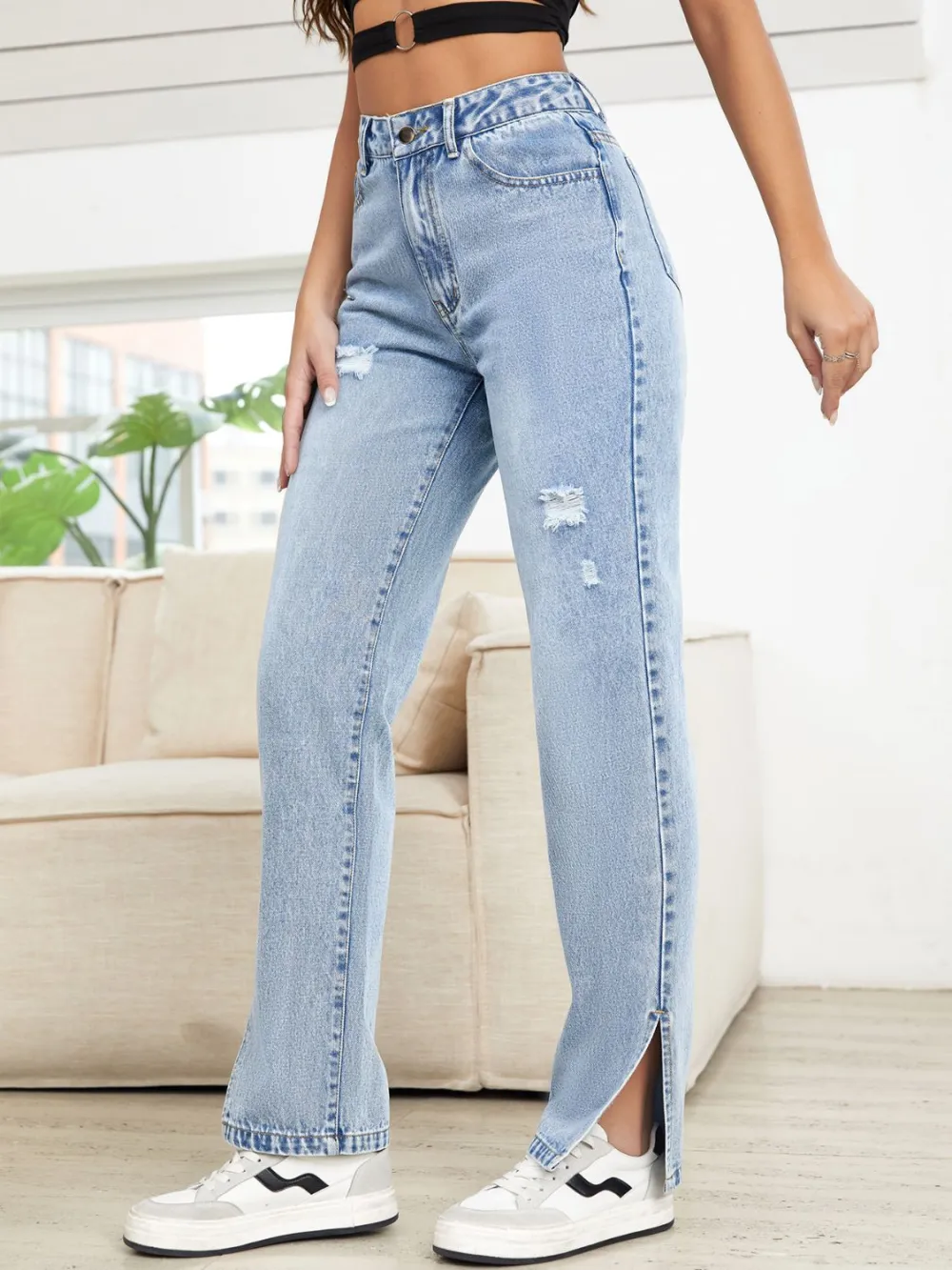 Straight Leg Distressed Slit Denim Jeans